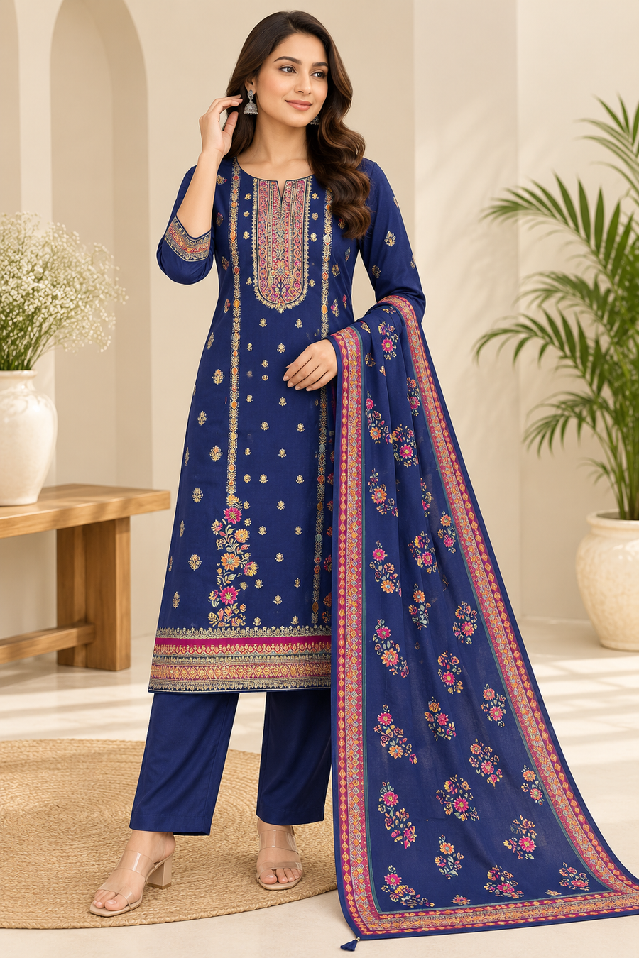 Blue Viscose Organza Printed Suit Set with Dupatta