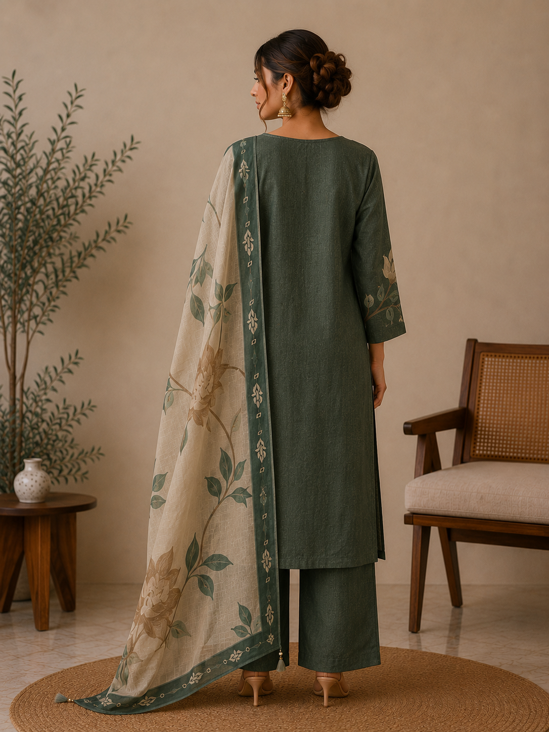 Bottle Green Gucci Silk Printed Salwar Kurta Dupatta Set for Women