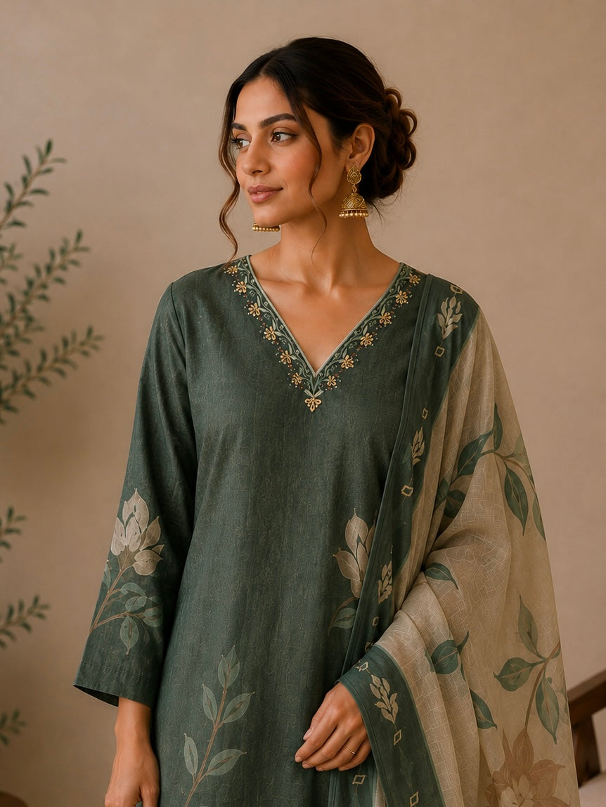 Bottle Green Gucci Silk Printed Salwar Kurta Dupatta Set for Women