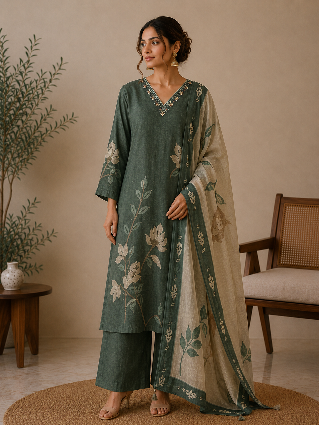 Bottle Green Gucci Silk Printed Salwar Kurta Dupatta Set for Women