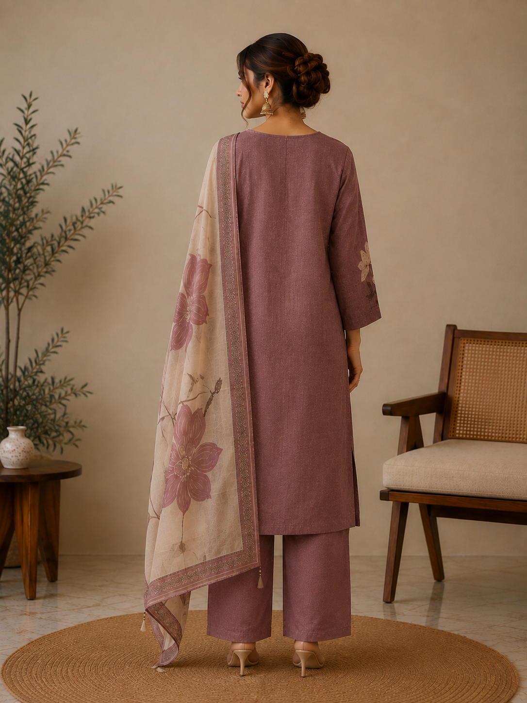 Mauve Gucci Silk Printed Salwar Kurta Dupatta Set for Women