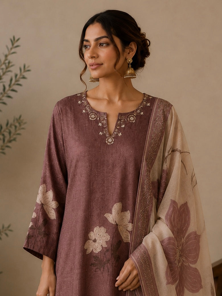 Mauve Gucci Silk Printed Salwar Kurta Dupatta Set for Women