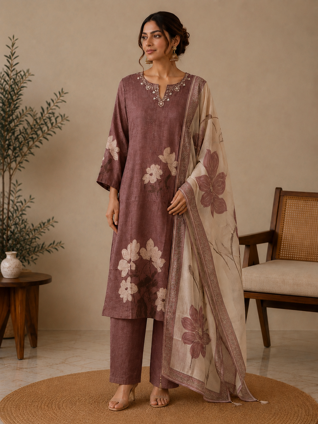 Mauve Gucci Silk Printed Salwar Kurta Dupatta Set for Women