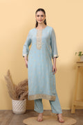 Sky Blue Cotton Embroidered Suit Set with Woven Dupatta HSDAASKVI000004