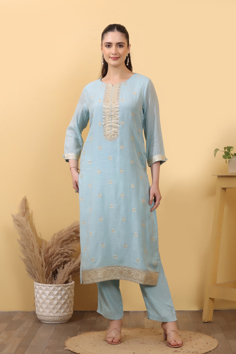 Sky Blue Cotton Embroidered Suit Set with Woven Dupatta.