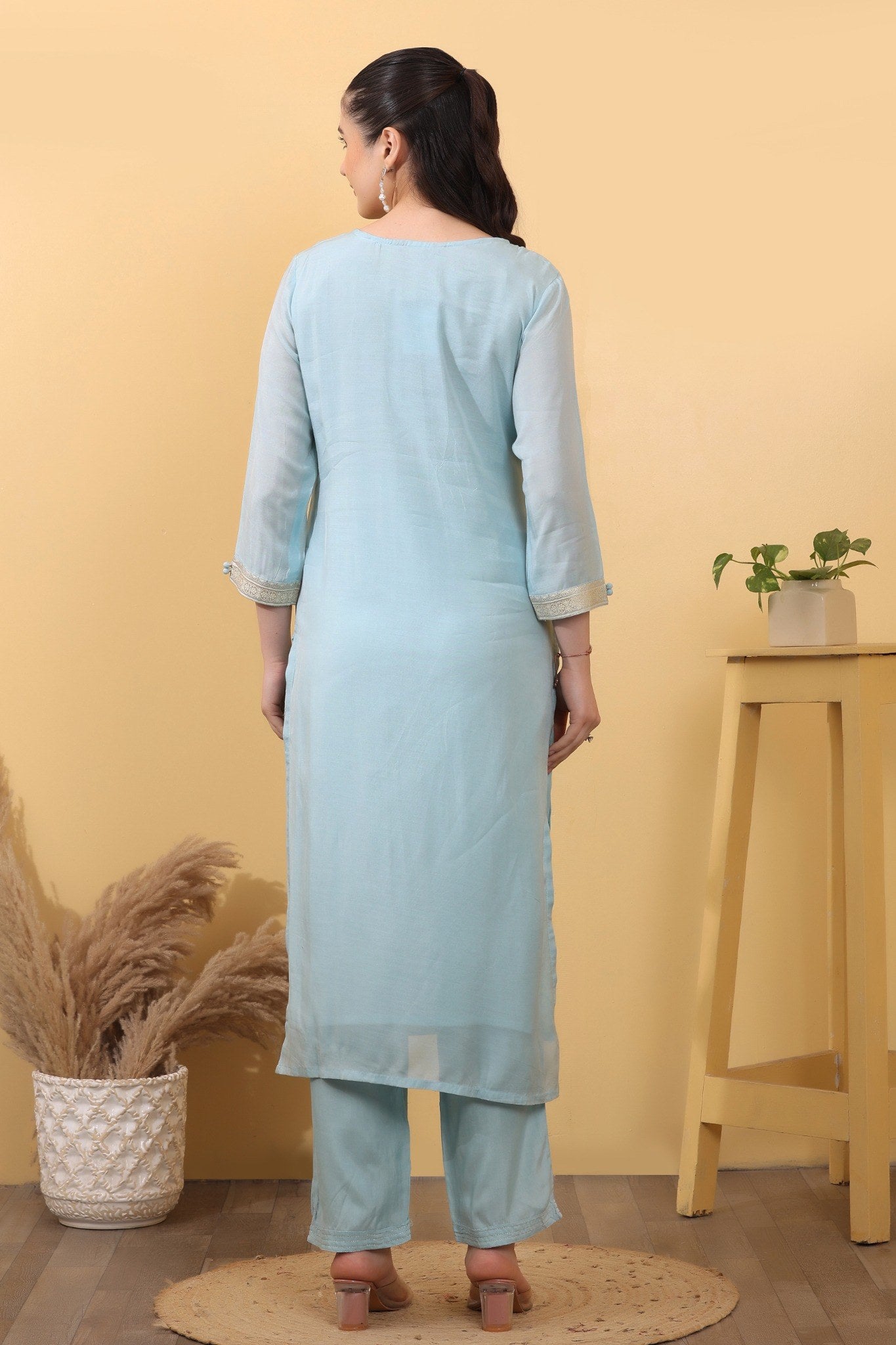 Sky Blue Cotton Embroidered Suit Set with Woven Dupatta HSDAASKVI000004