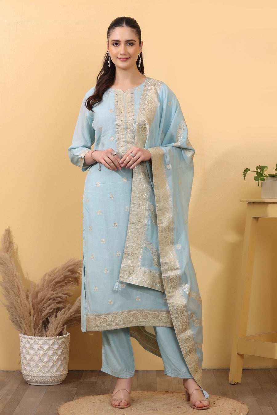 Sky Blue Cotton Embroidered Suit Set with Woven Dupatta.