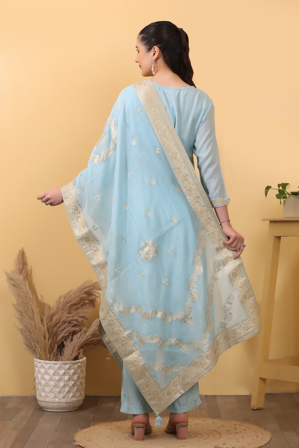 Sky Blue Cotton Embroidered Suit Set with Woven Dupatta HSDAASKVI000004