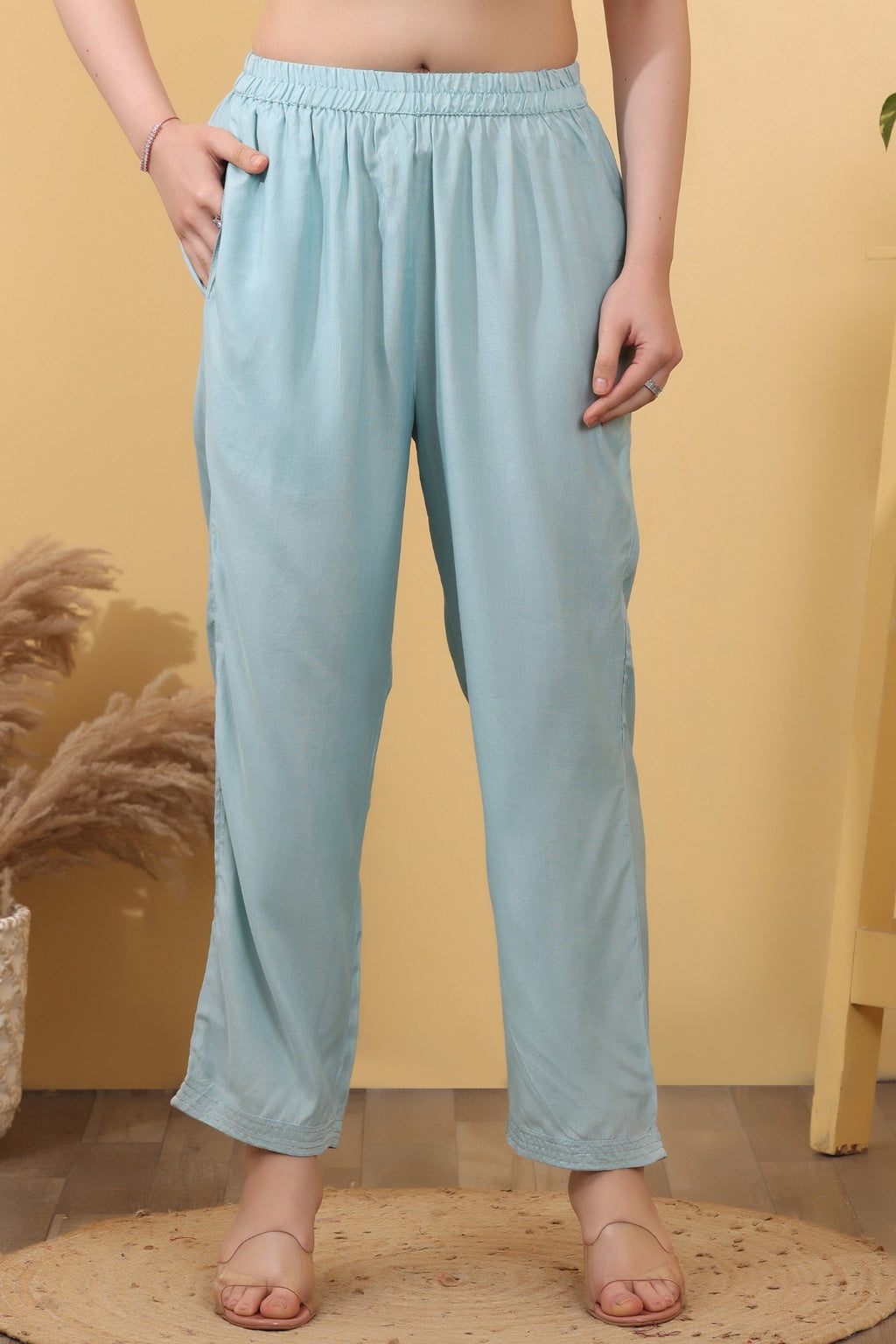 Sky Blue Cotton Embroidered Suit Set with Woven Dupatta HSDAASKVI000004