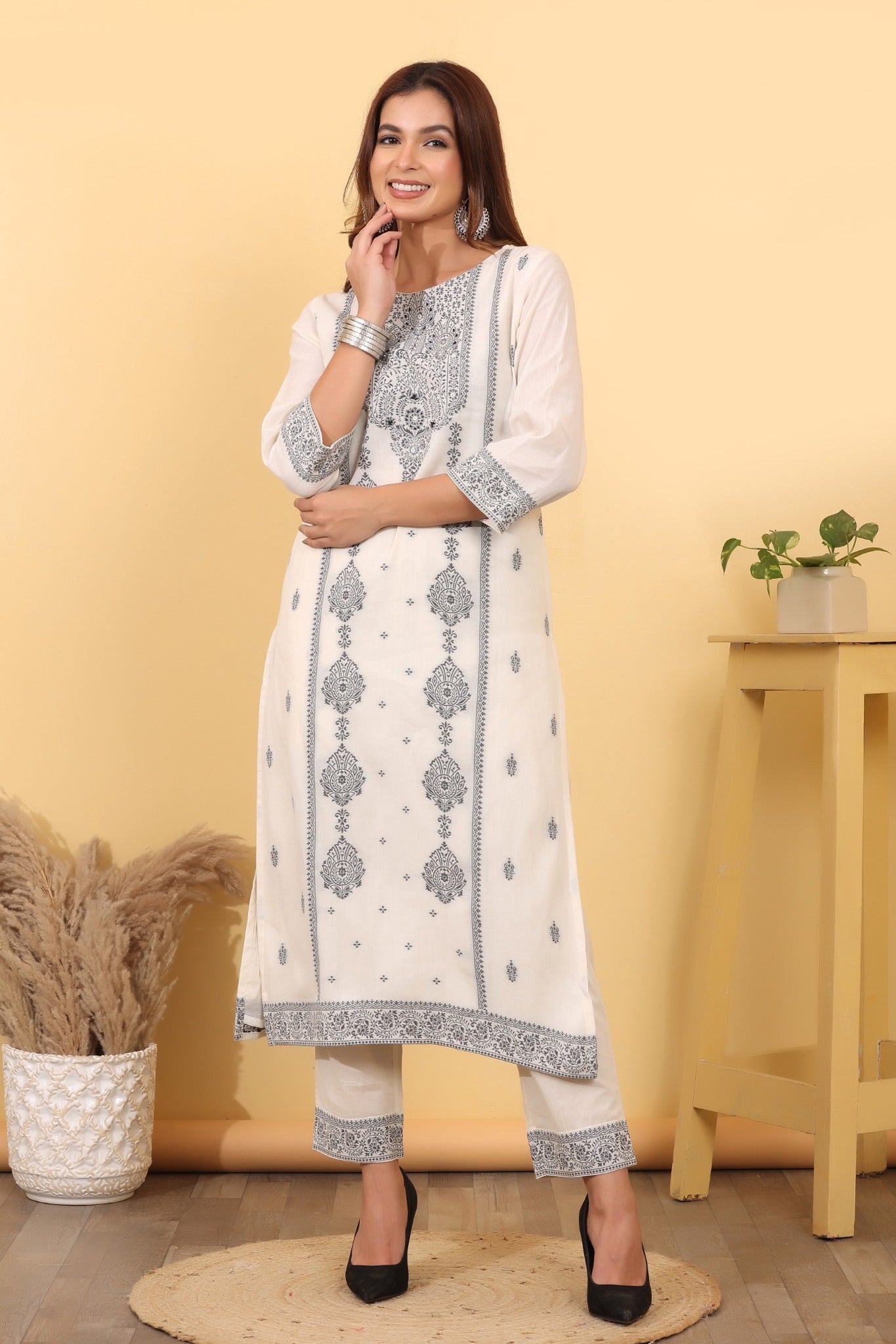 Ivory Printed Cotton Suit Set with Dupatta HSDAASKVI000009