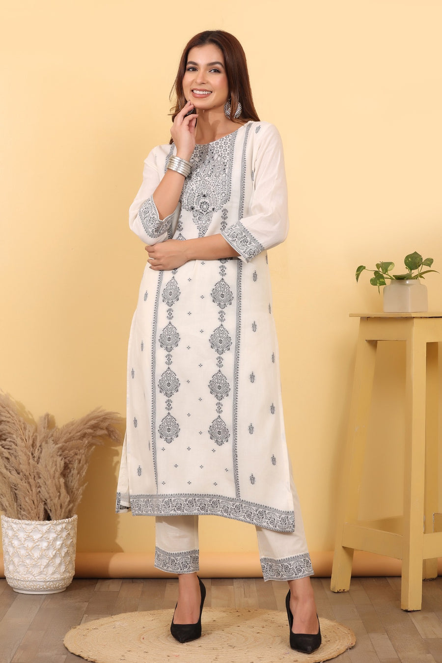 Ivory Printed Cotton Suit Set with Dupatta