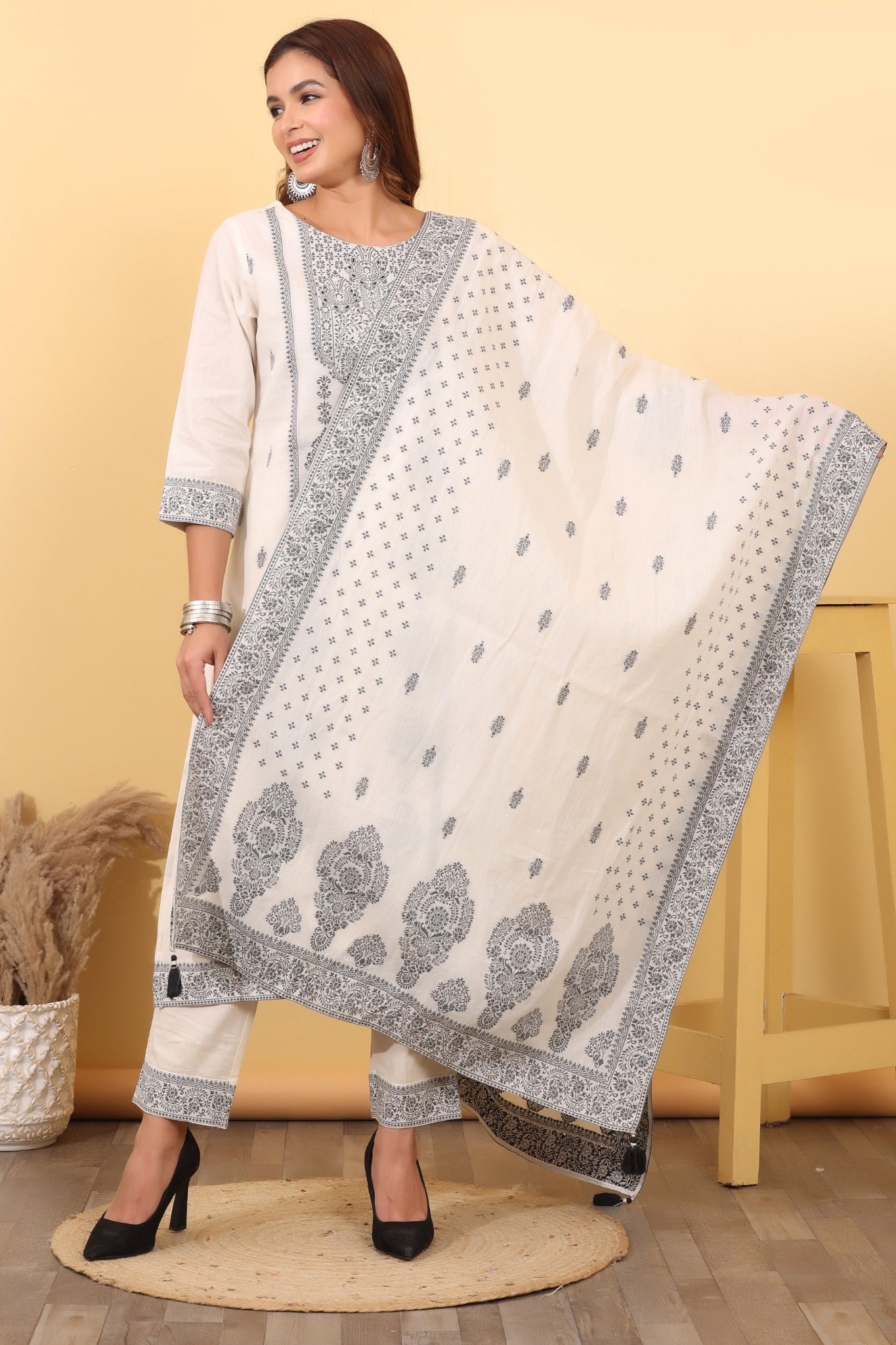 Ivory Printed Cotton Suit Set with Dupatta HSDAASKVI000009