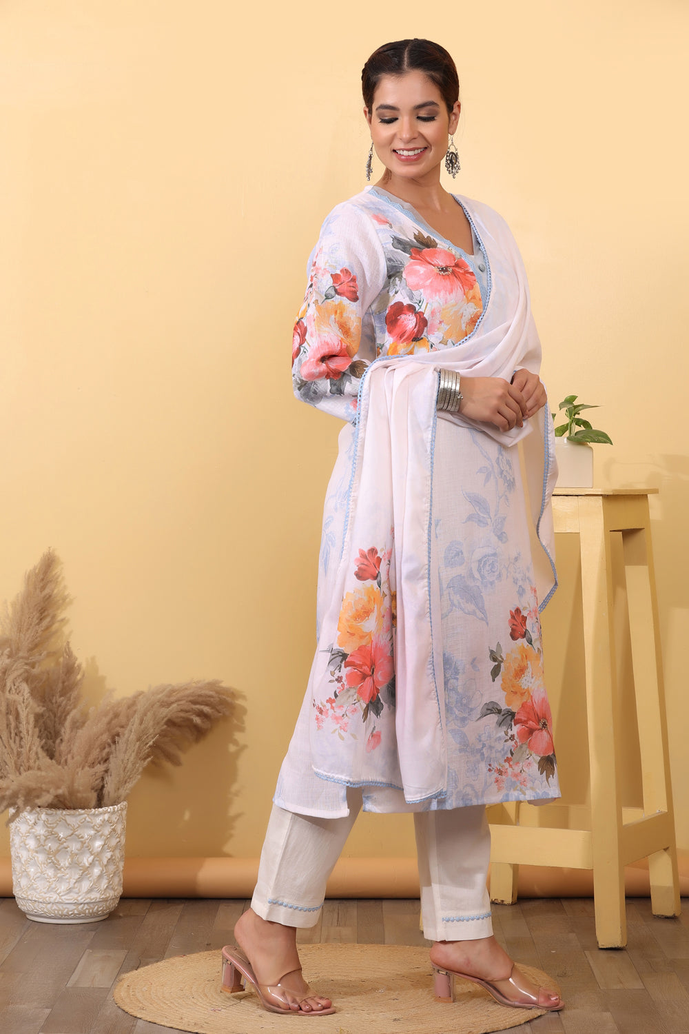 Cream Linen Salwar Kurta Dupatta Set for Women
