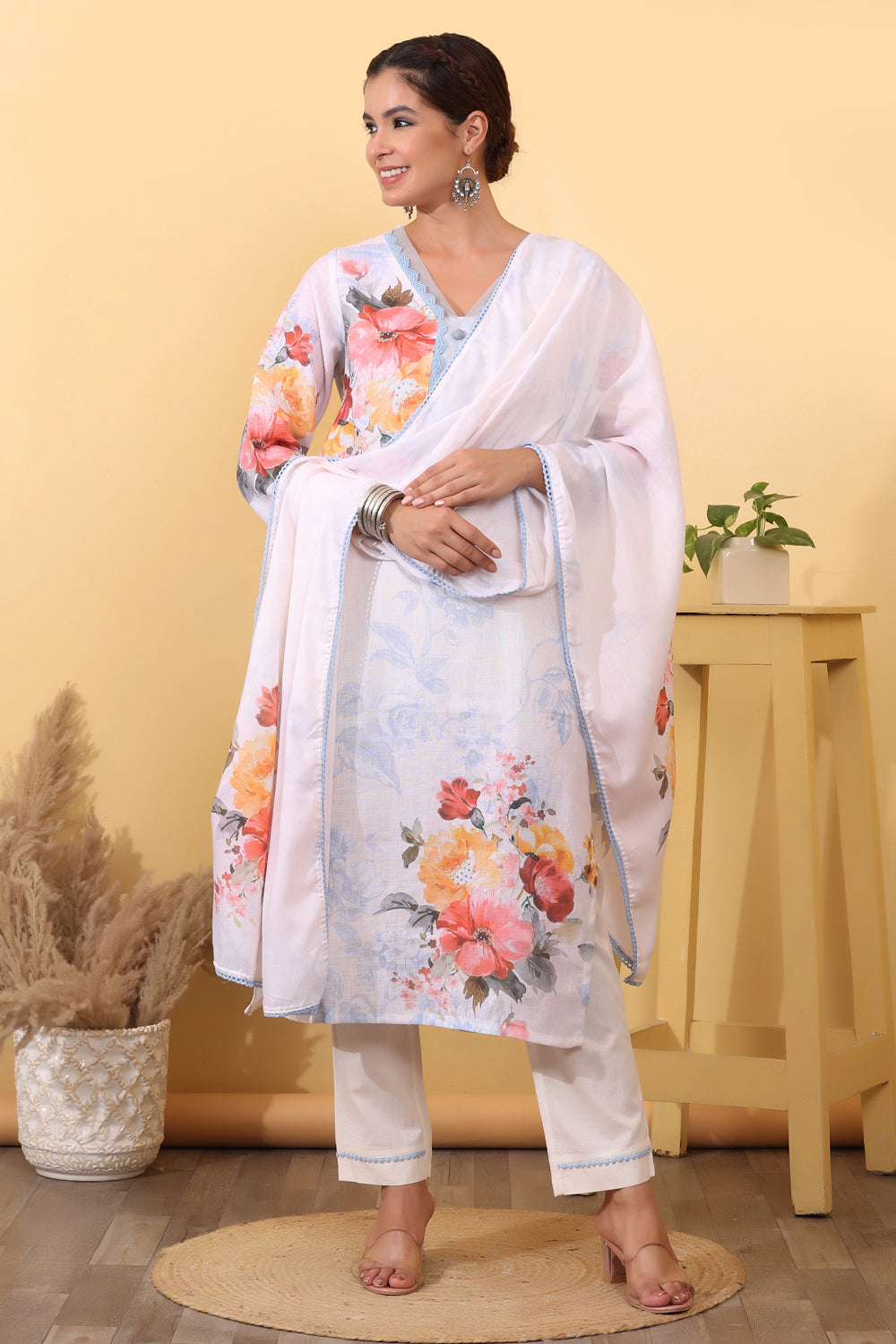 Cream Linen Salwar Kurta Dupatta Set for Women
