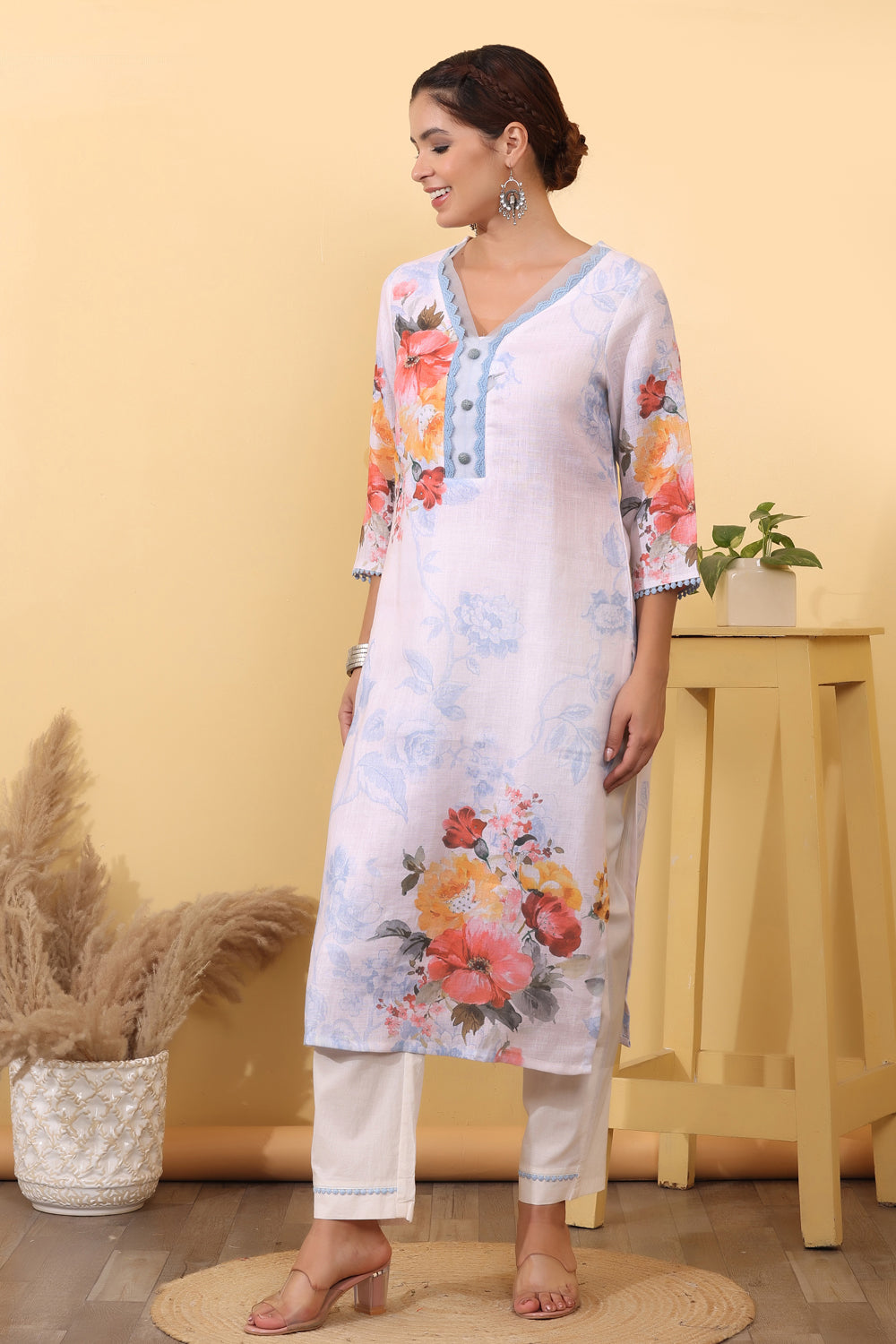Cream Linen Salwar Kurta Dupatta Set for Women