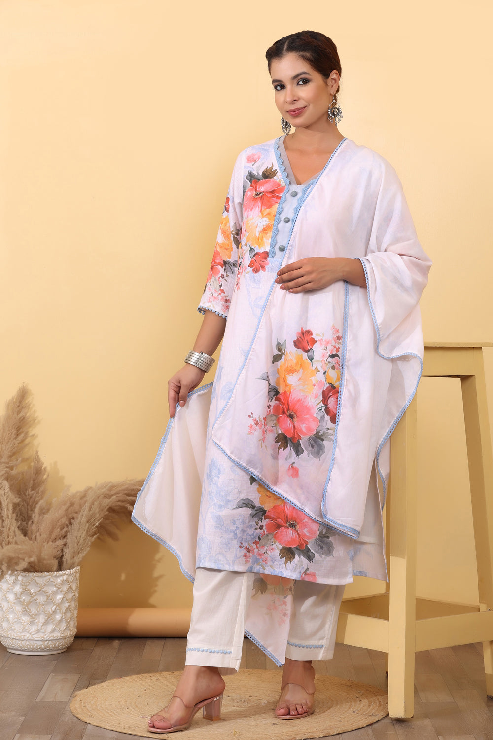 Cream Linen Salwar Kurta Dupatta Set for Women
