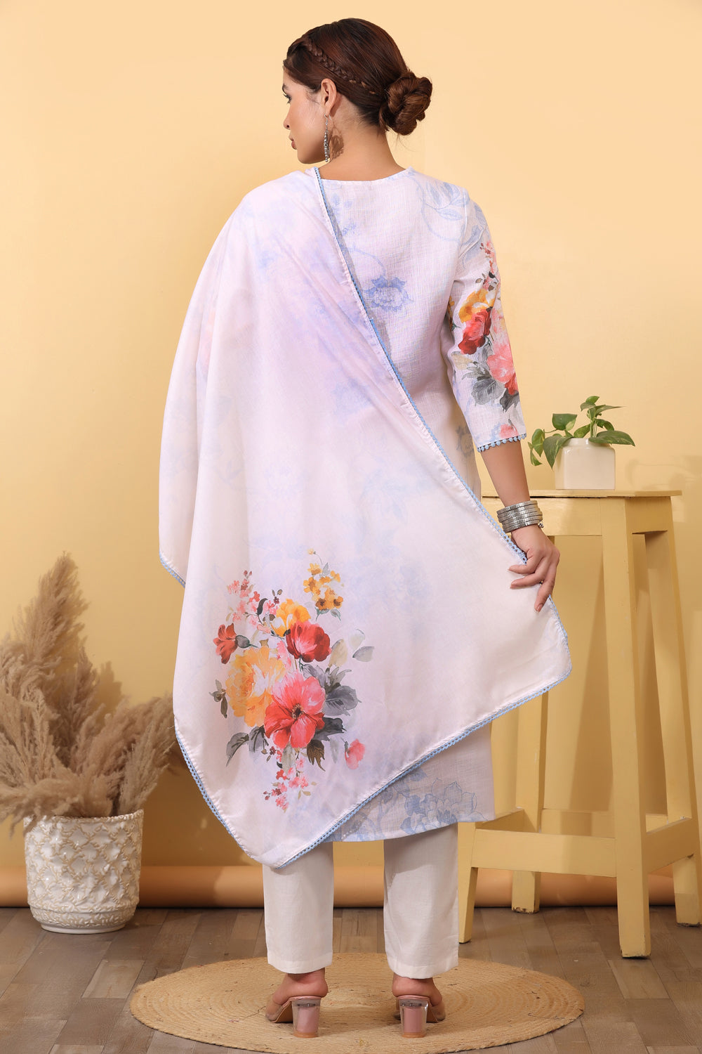 Cream Linen Salwar Kurta Dupatta Set for Women