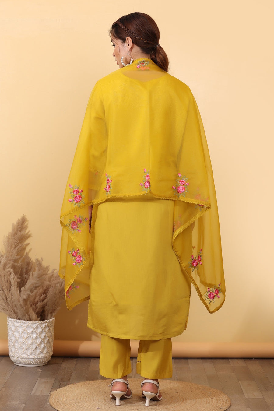Mustard Yellow Silk Blend Embroidered Suit Set with Floral Dupatta HSDAASKVL000005