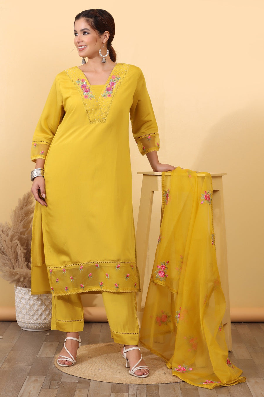 Mustard Yellow Silk Blend Embroidered Suit Set with Floral Dupatta HSDAASKVL000005
