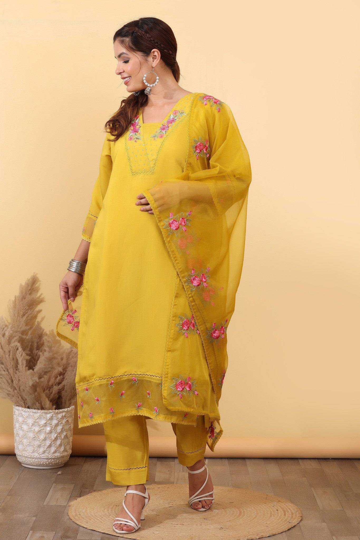 Mustard Yellow Silk Blend Embroidered Suit Set with Floral Dupatta HSDAASKVL000005