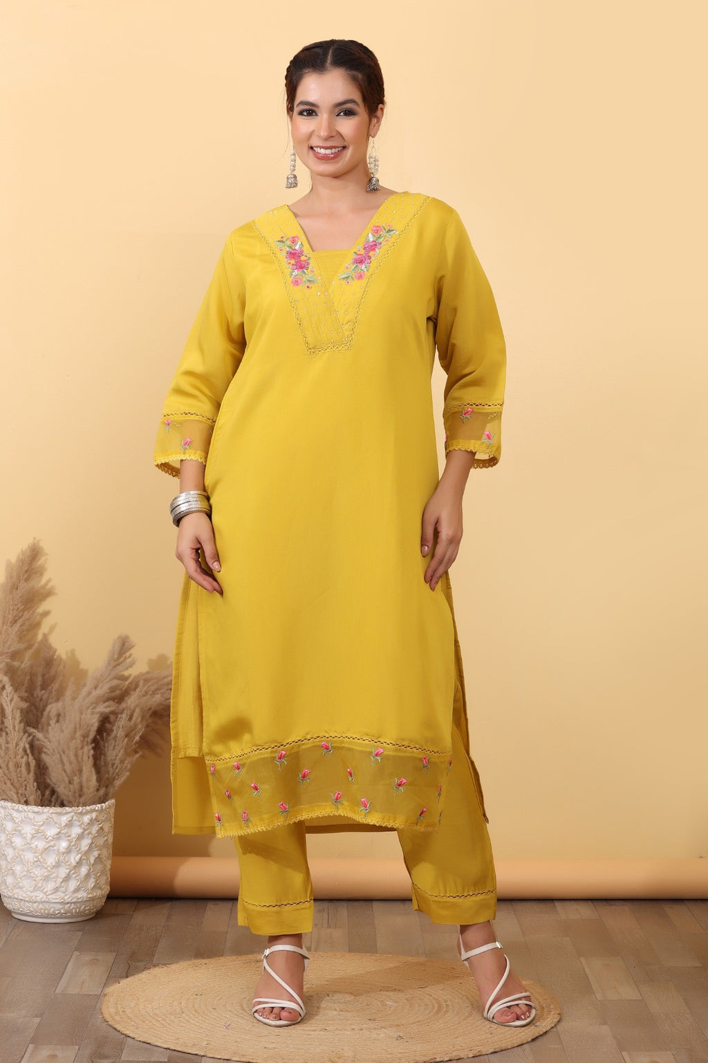 Mustard Yellow Silk Blend Embroidered Suit Set with Floral Dupatta HSDAASKVL000005