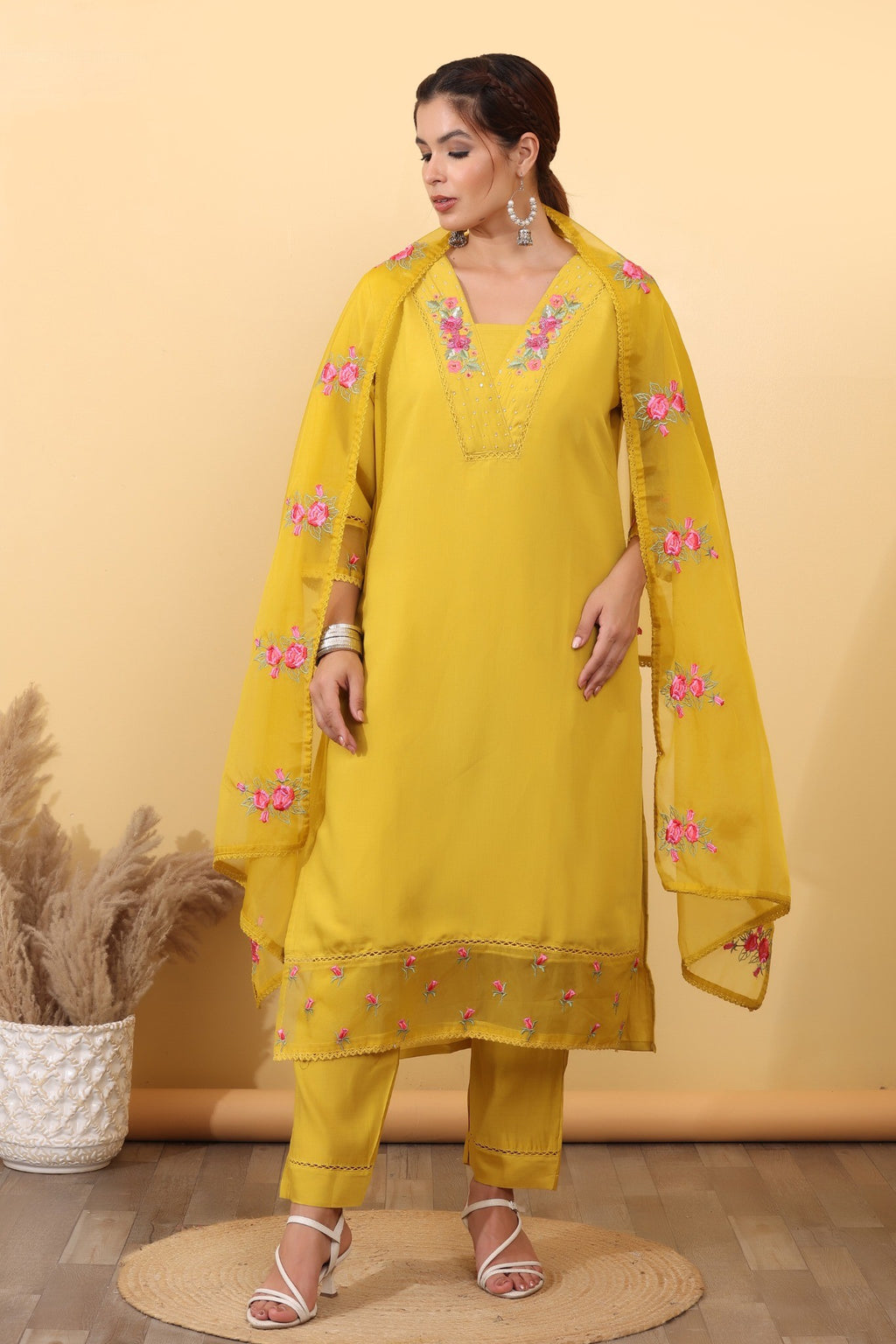 Mustard Yellow Silk Blend Embroidered Suit Set with Floral Dupatta HSDAASKVL000005