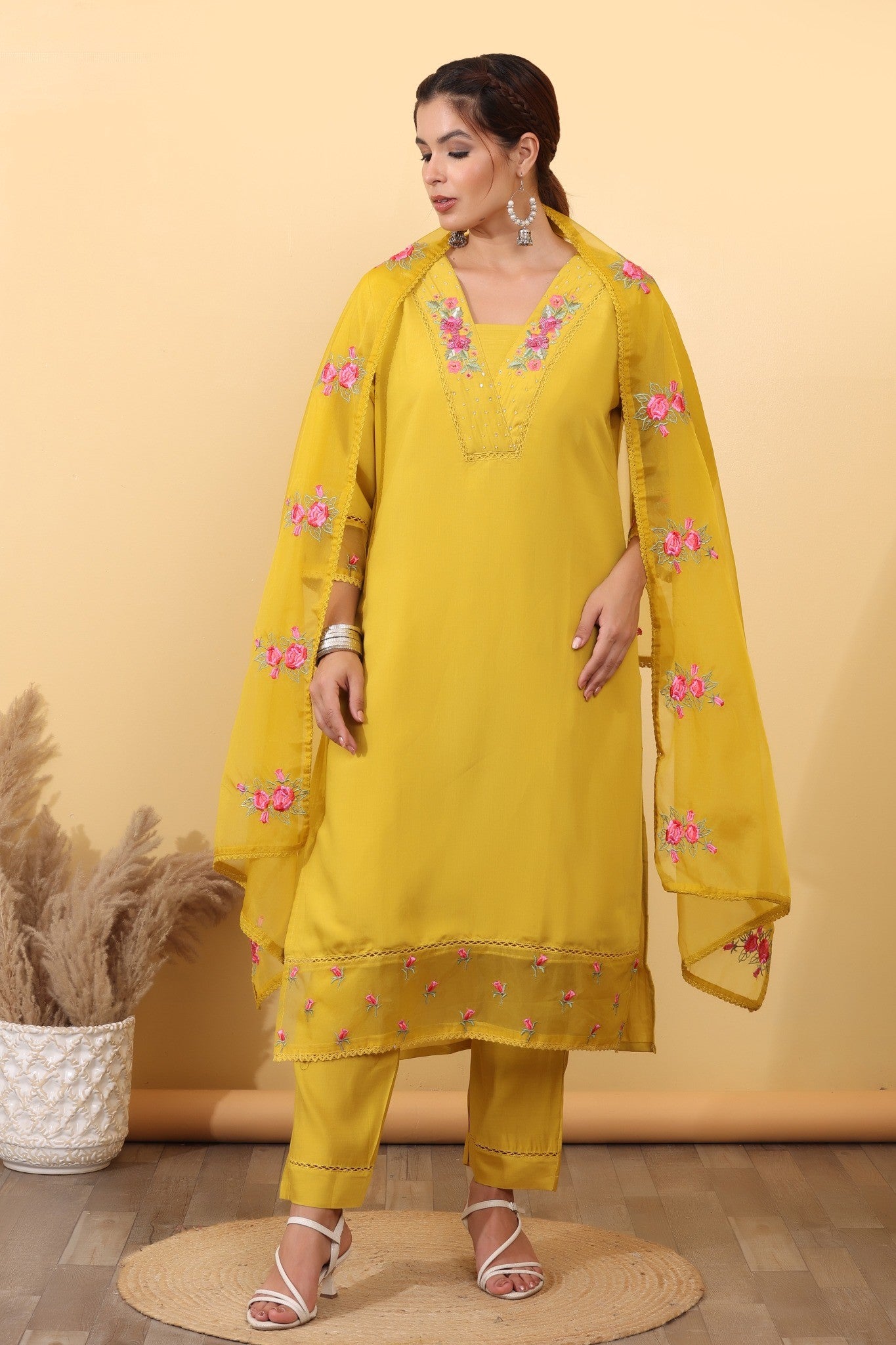 Mustard Yellow Silk Blend Embroidered Suit Set with Floral Dupatta HSDAASKVL000005