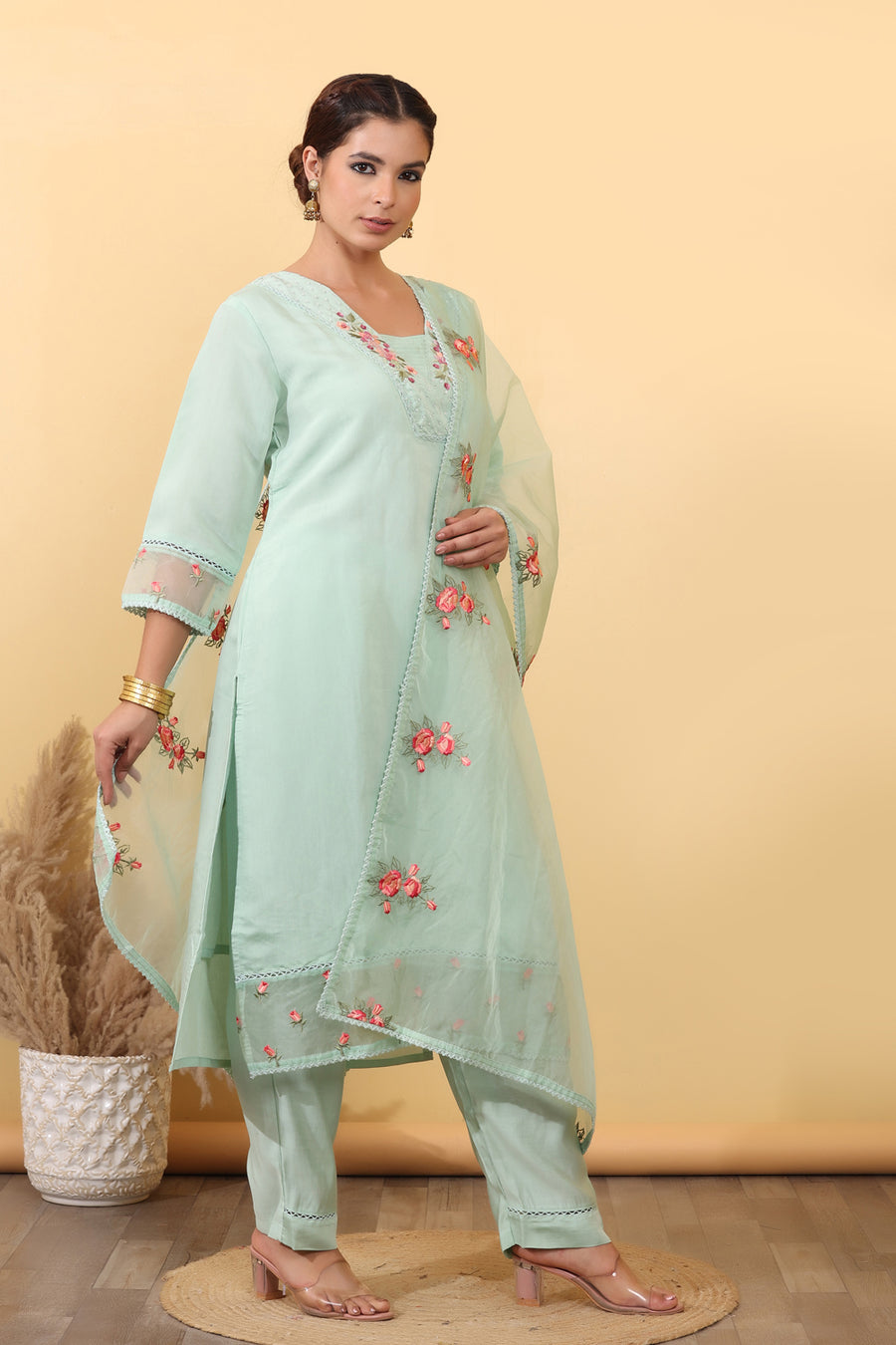 Mint Green Silk Blend Embroidered Salwar Kurta Dupatta Set for Women