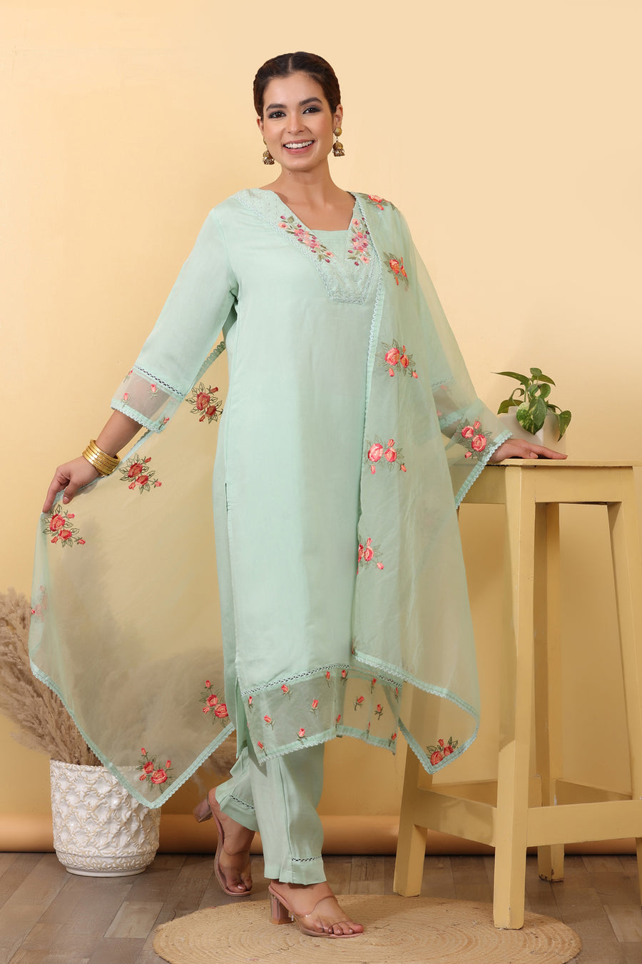 Mint Green Silk Blend Embroidered Salwar Kurta Dupatta Set for Women