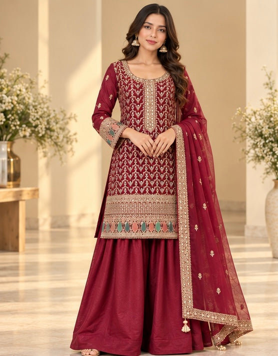 Red Embroidered Silk Blend Suit Set for Women
