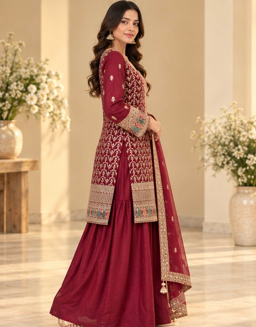 Red Embroidered Silk Blend Suit Set for Women
