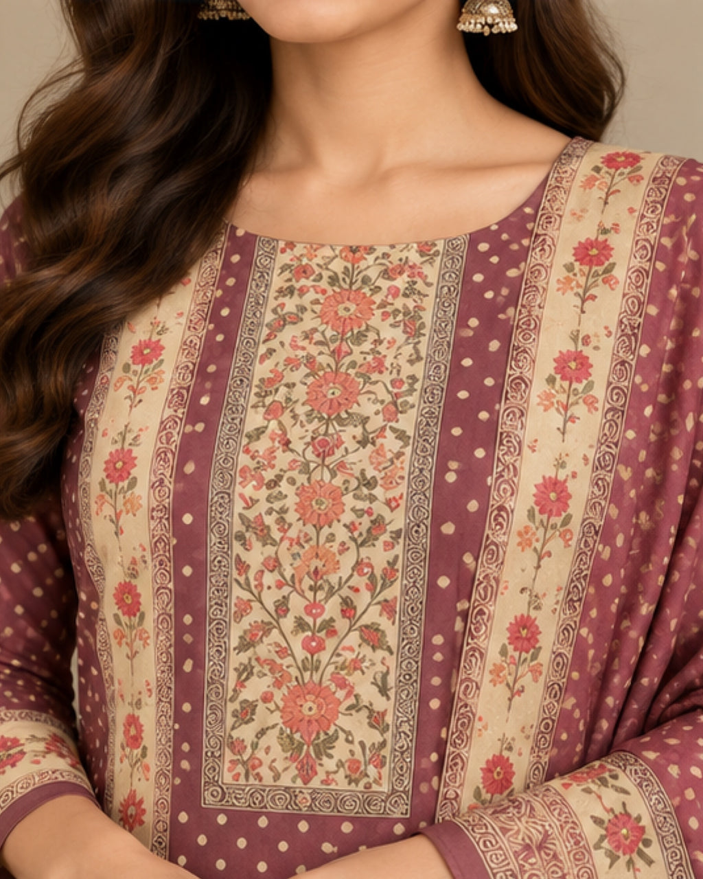 Taupe Chanderi Silk Unstitched Dress Material with Floral Printed Dupatta