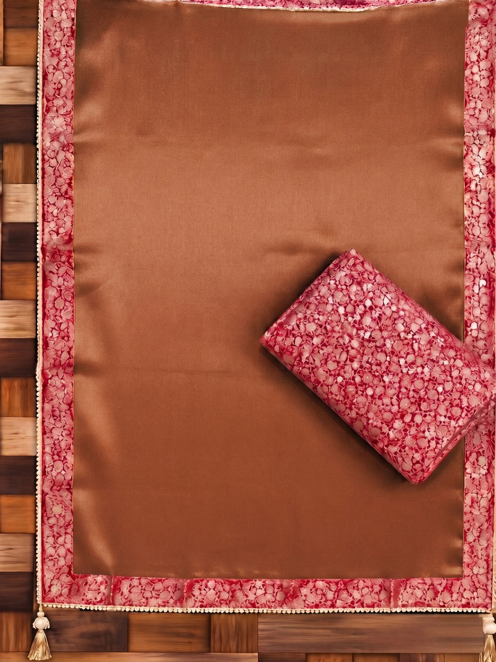 Copper Gold Tissue Silk Unstitched Suit Material with Pink Brocade Dupatta