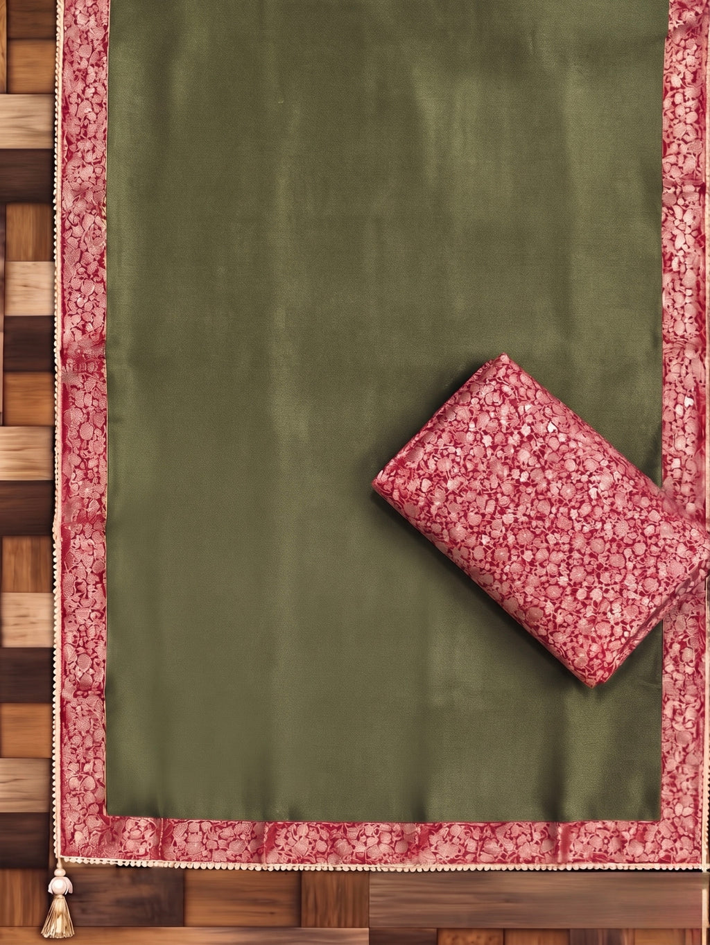 Moss Green Tissue Silk Unstitched Suit Material with Pink Brocade Detailing