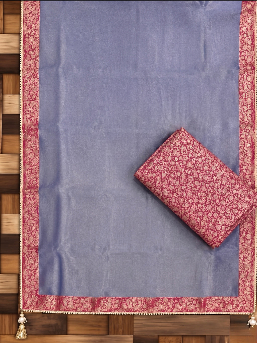 Indigo Blue Tissue Silk Unstitched Suit Material with Pink Brocade Detailing