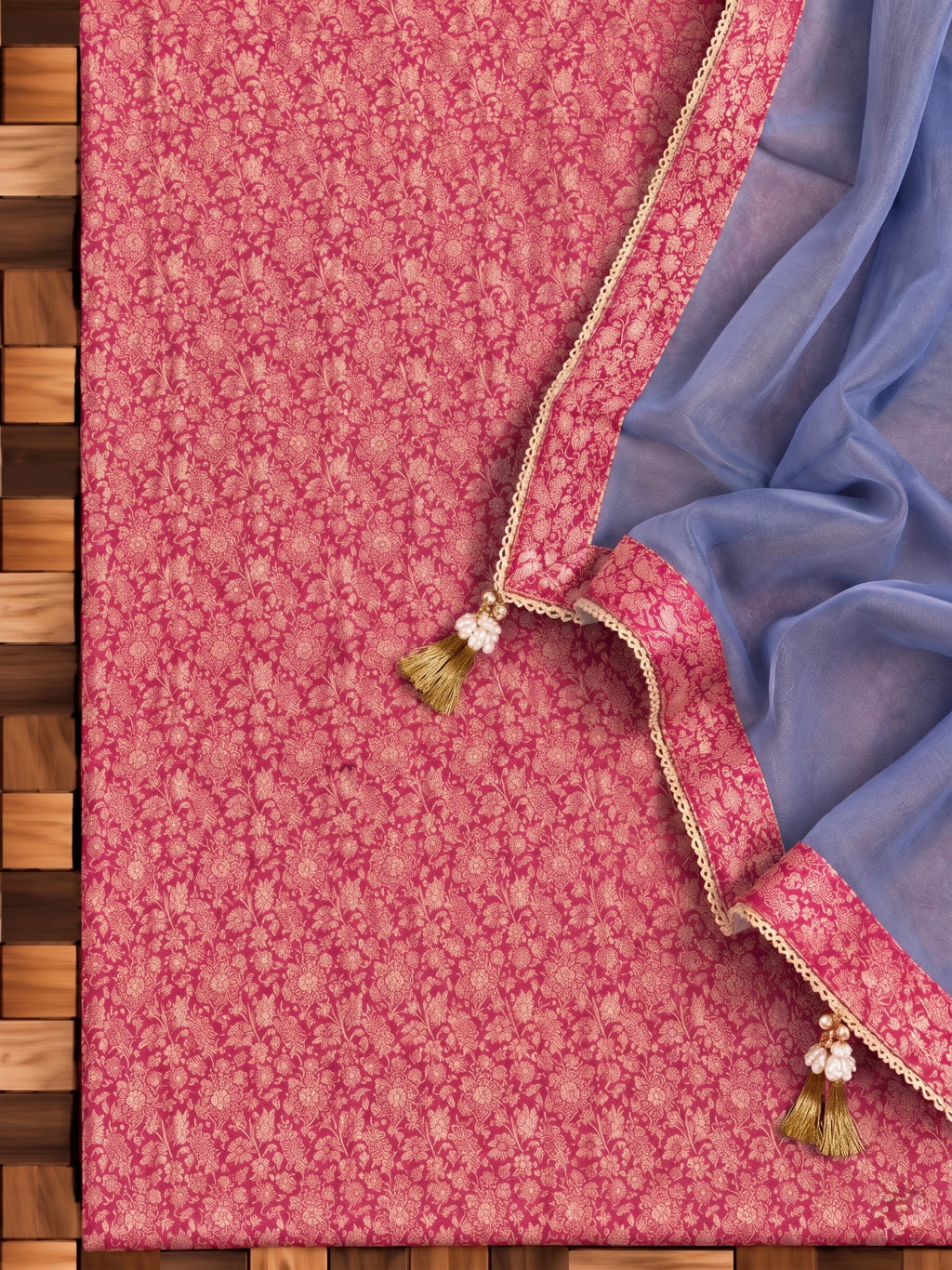 Indigo Blue Tissue Silk Unstitched Suit Material with Pink Brocade Detailing