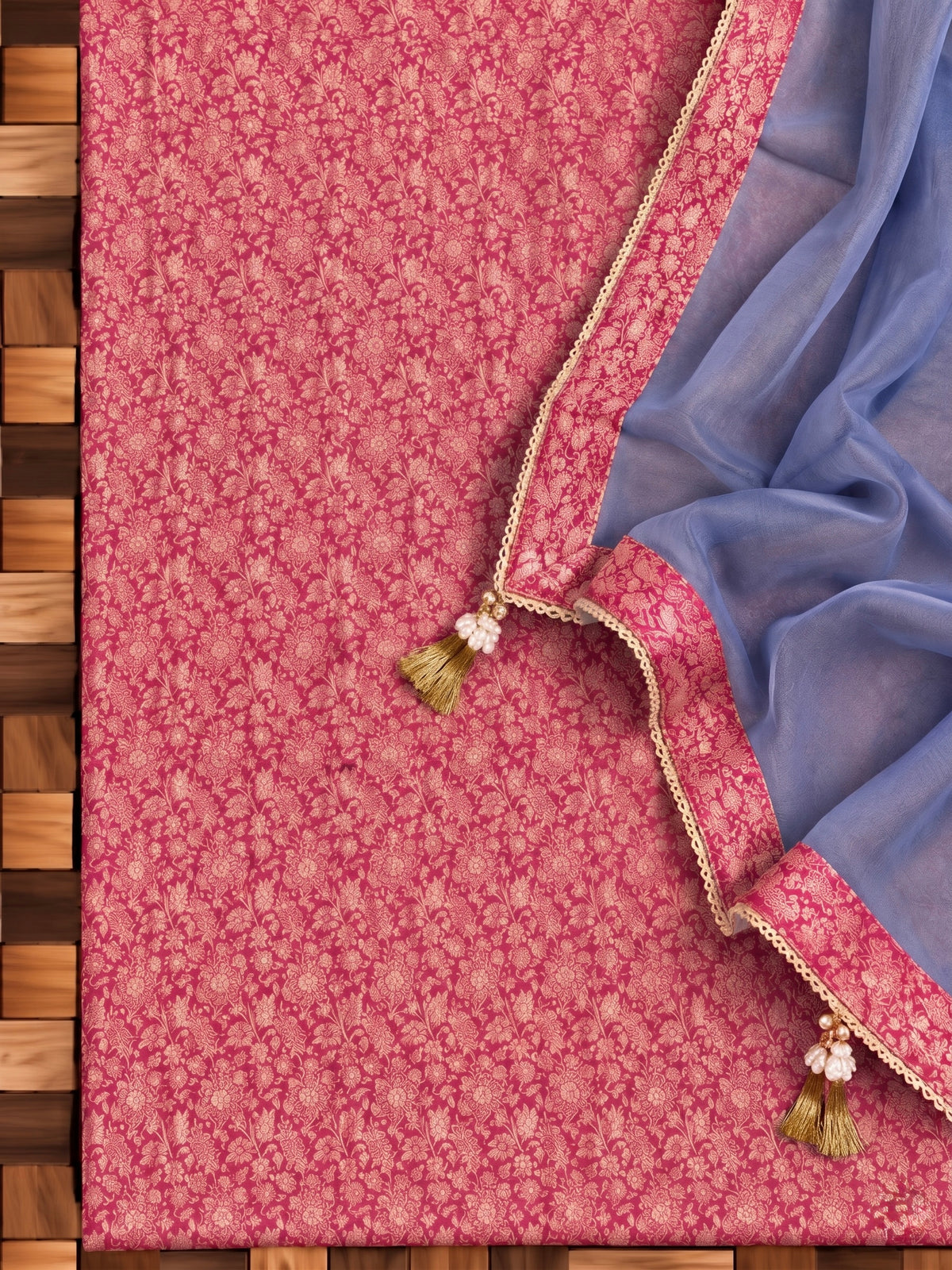 Indigo Blue Tissue Silk Unstitched Suit Material with Pink Brocade Detailing