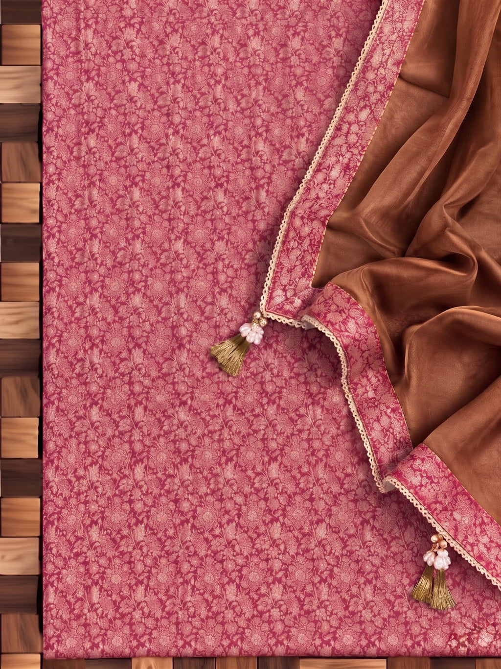 Copper Gold Tissue Silk Unstitched Suit Material with Pink Brocade Dupatta