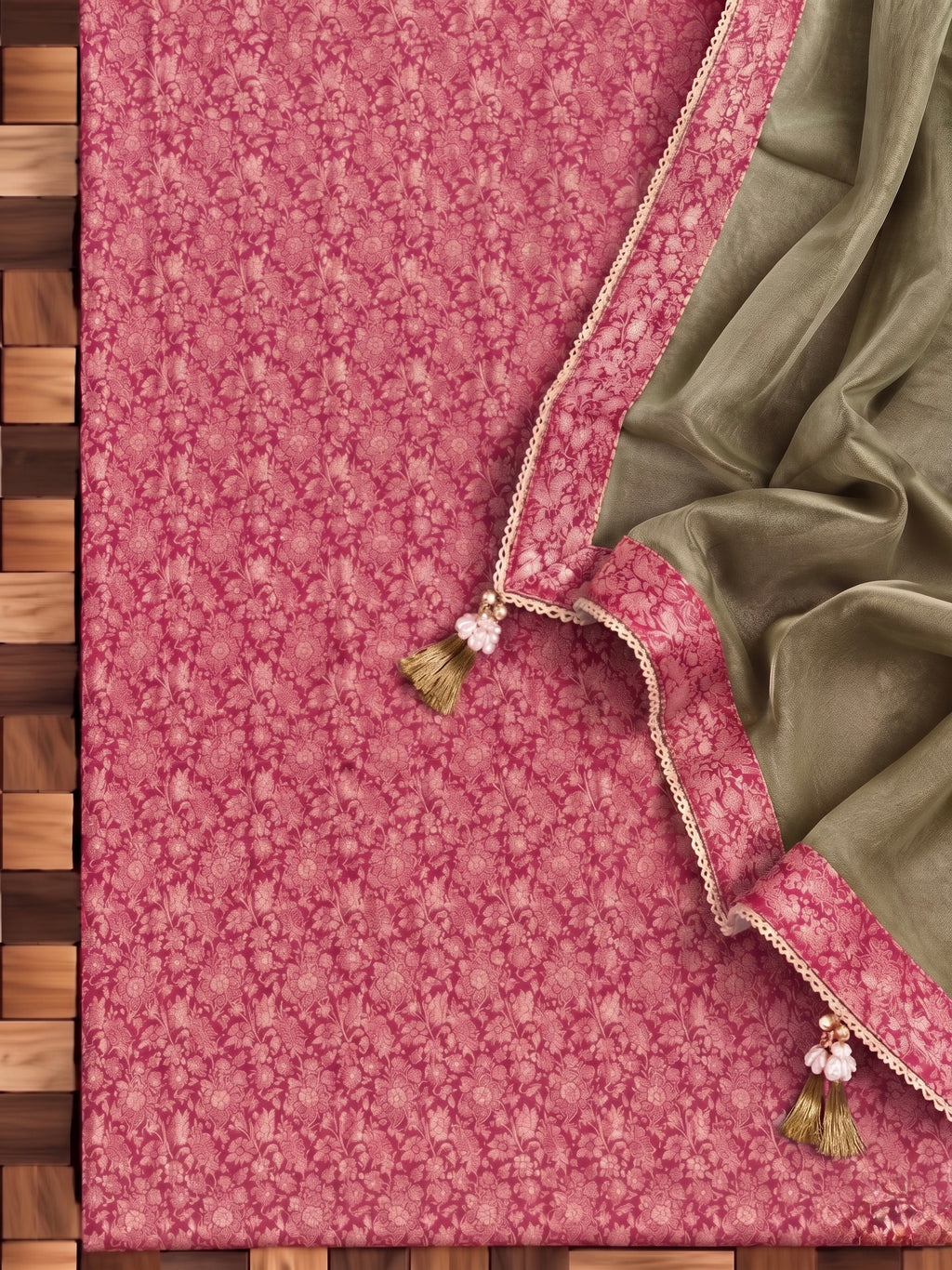 Moss Green Tissue Silk Unstitched Suit Material with Pink Brocade Detailing