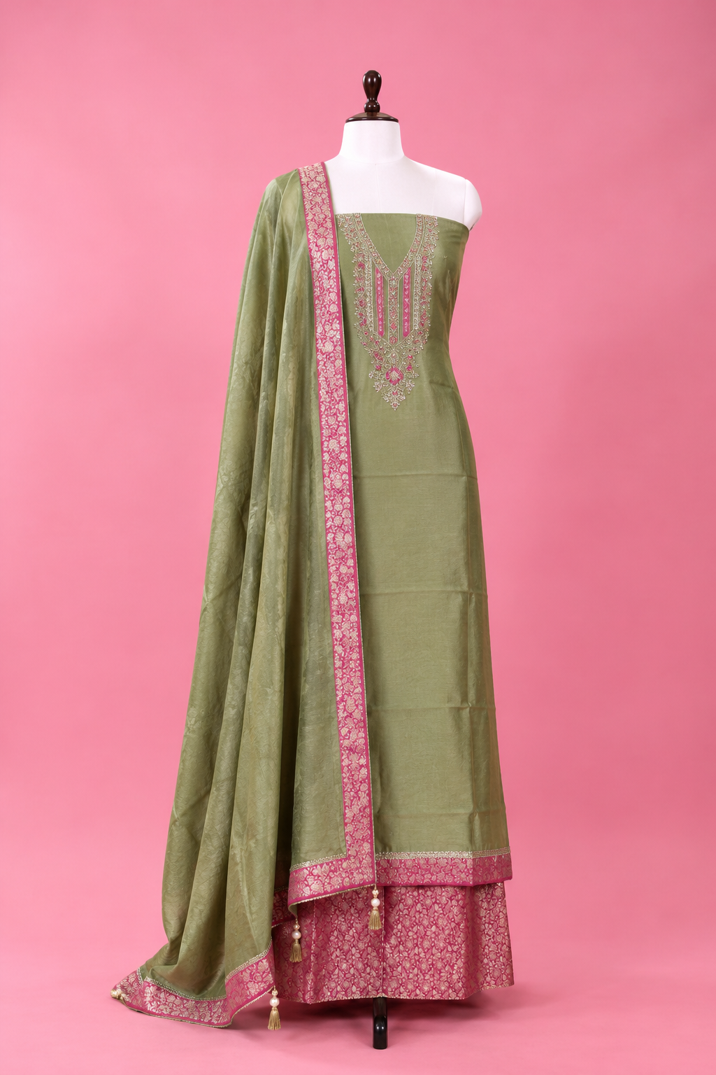 Moss Green Tissue Silk Unstitched Suit Material with Pink Brocade Detailing