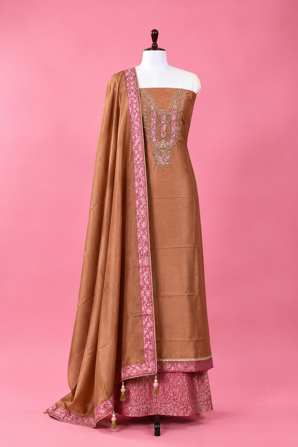 Copper Gold Tissue Silk Unstitched Suit Material with Pink Brocade Dupatta