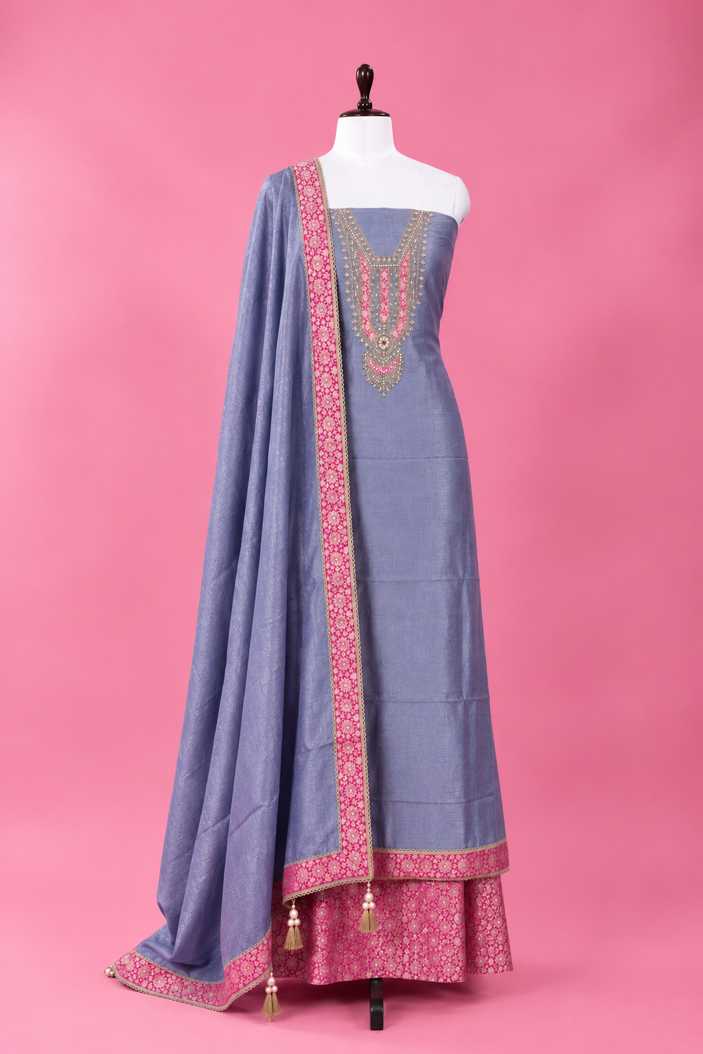 Indigo Blue Tissue Silk Unstitched Suit Material with Pink Brocade Detailing