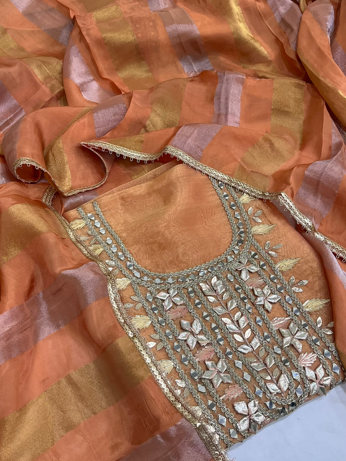Orange Tissue Silk Embroidered Unstitched Suit Set