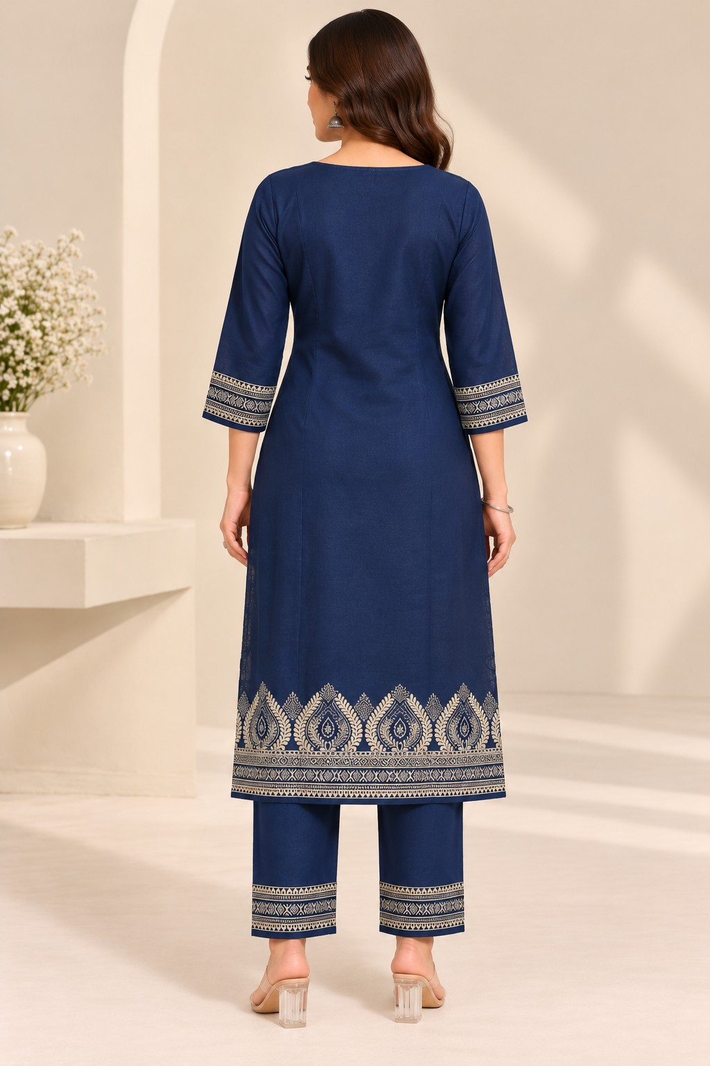 Navy Blue Ivory Print Jacquard Winter SKD