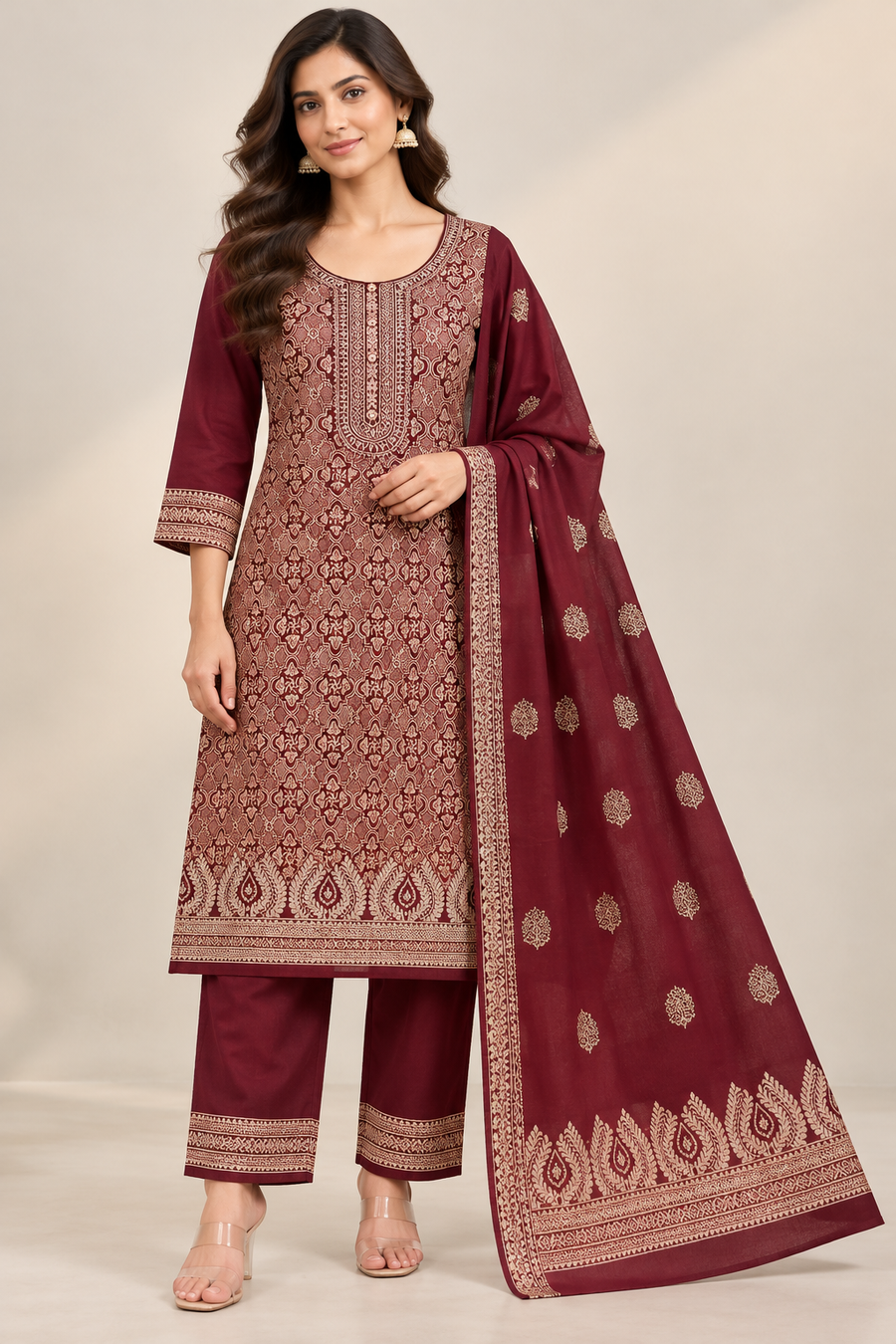 Maroon Ivory Print Jacquard Winter SKD