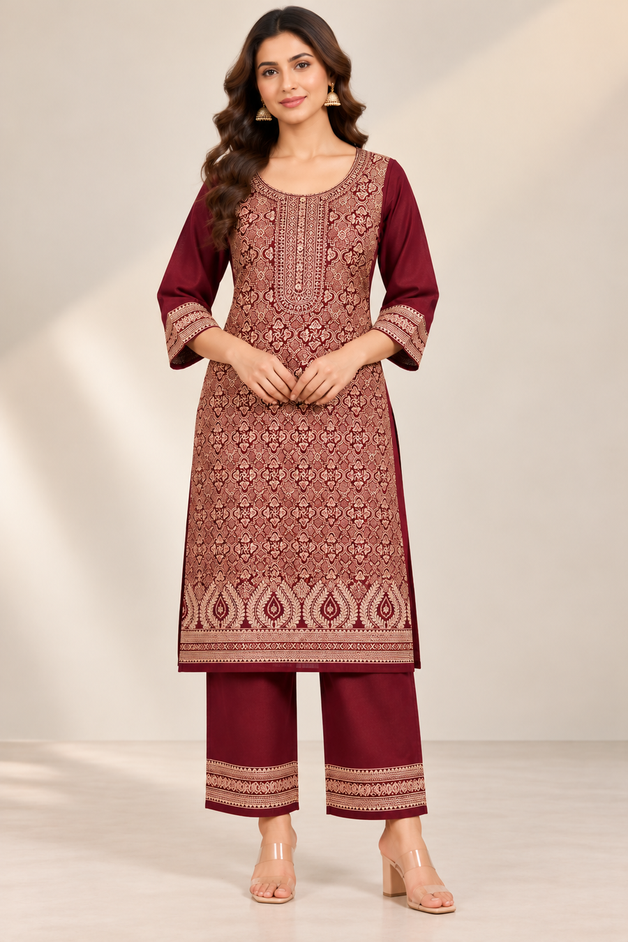 Maroon Ivory Print Jacquard Winter SKD