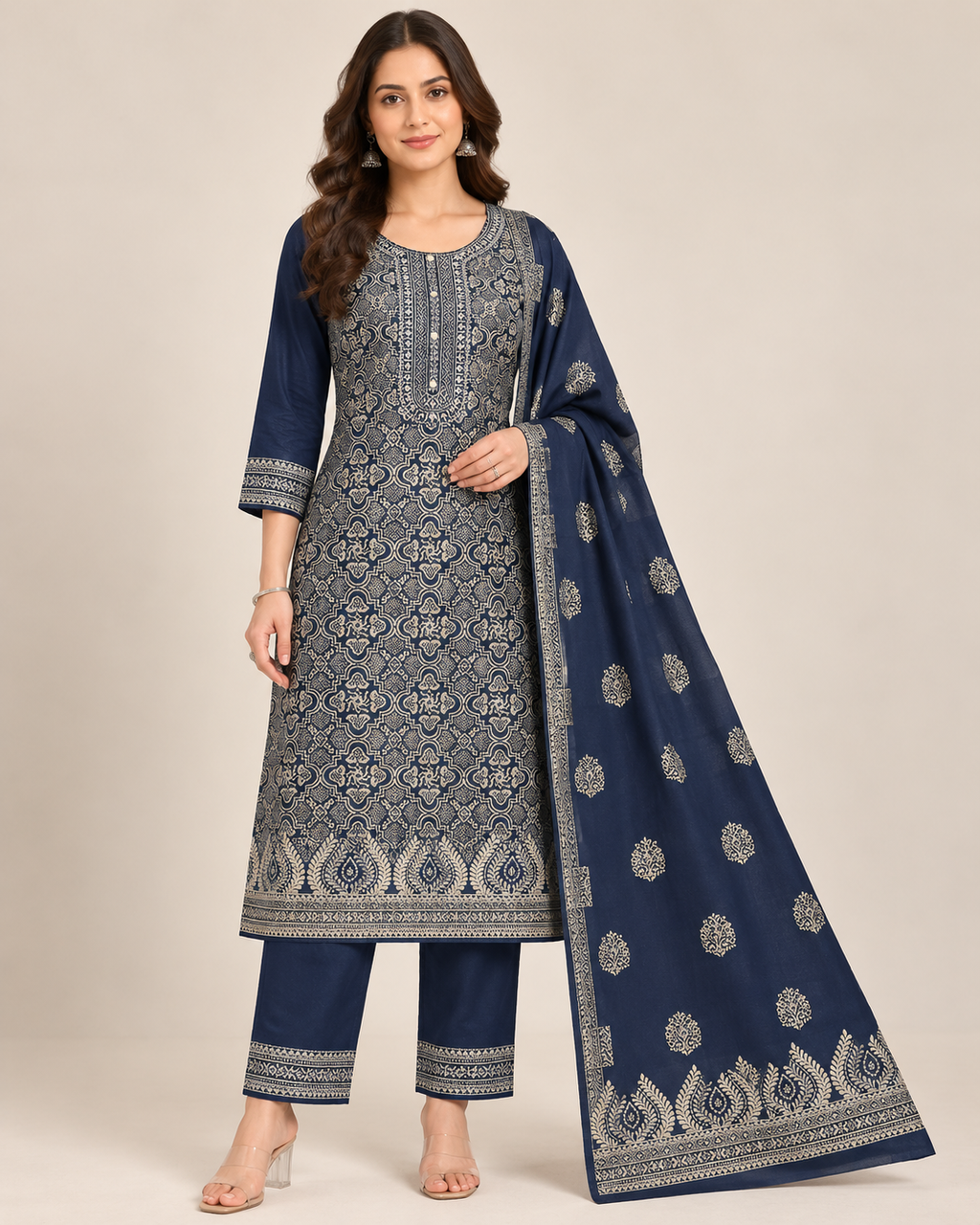 Navy Blue Ivory Print Jacquard Winter SKD