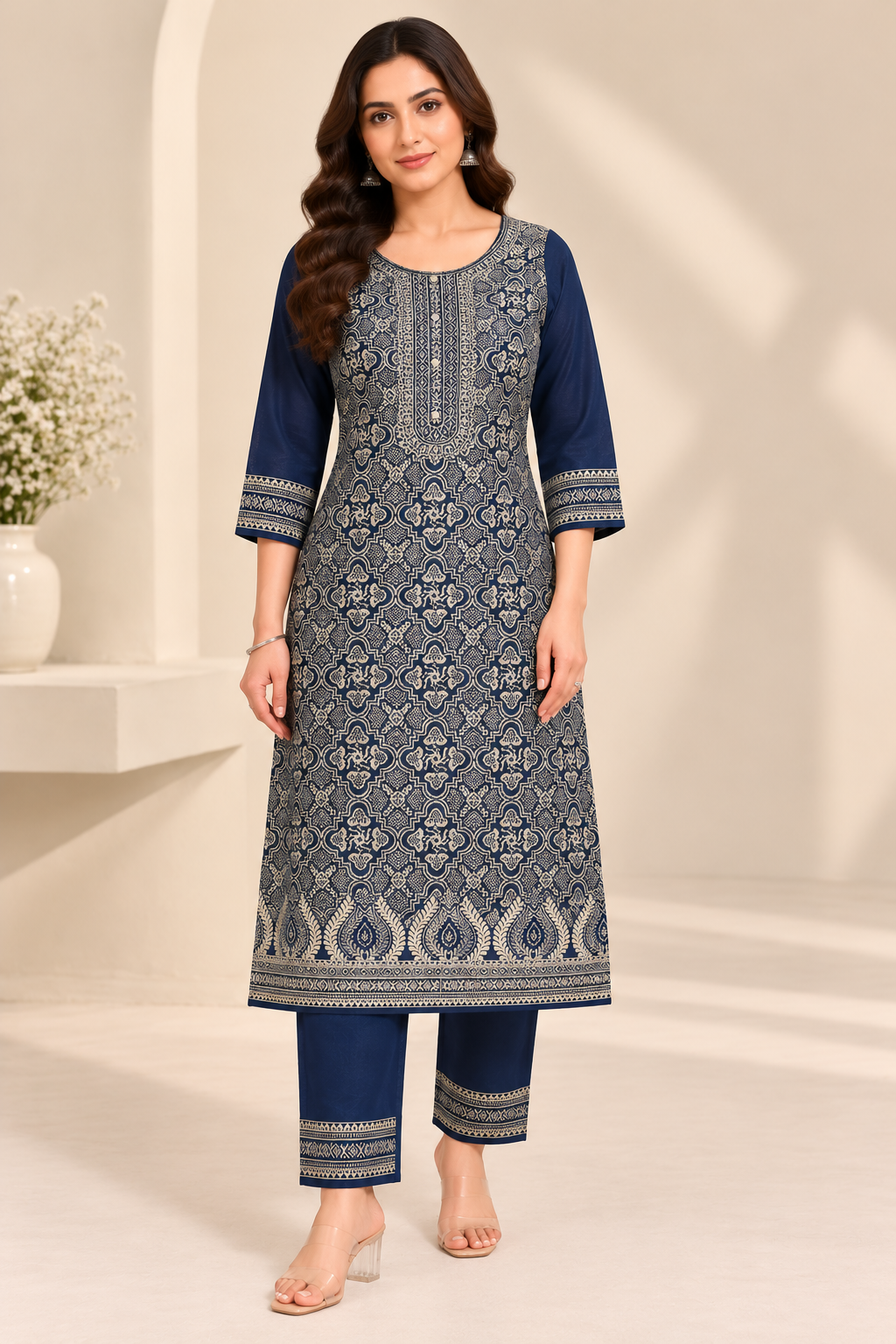 Navy Blue Ivory Print Jacquard Winter SKD