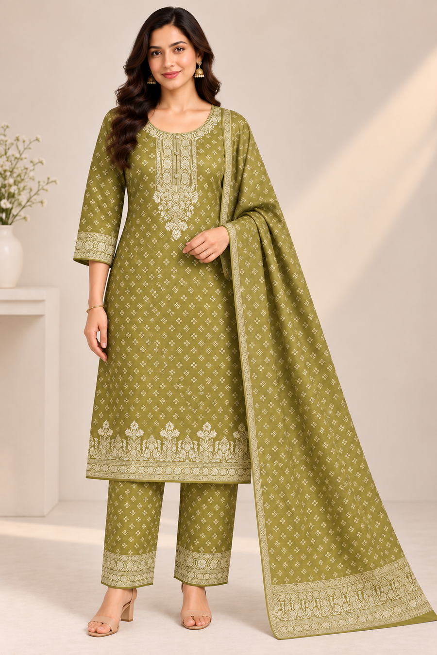 Olive Green Ivory Print Jacquard Winter SKD