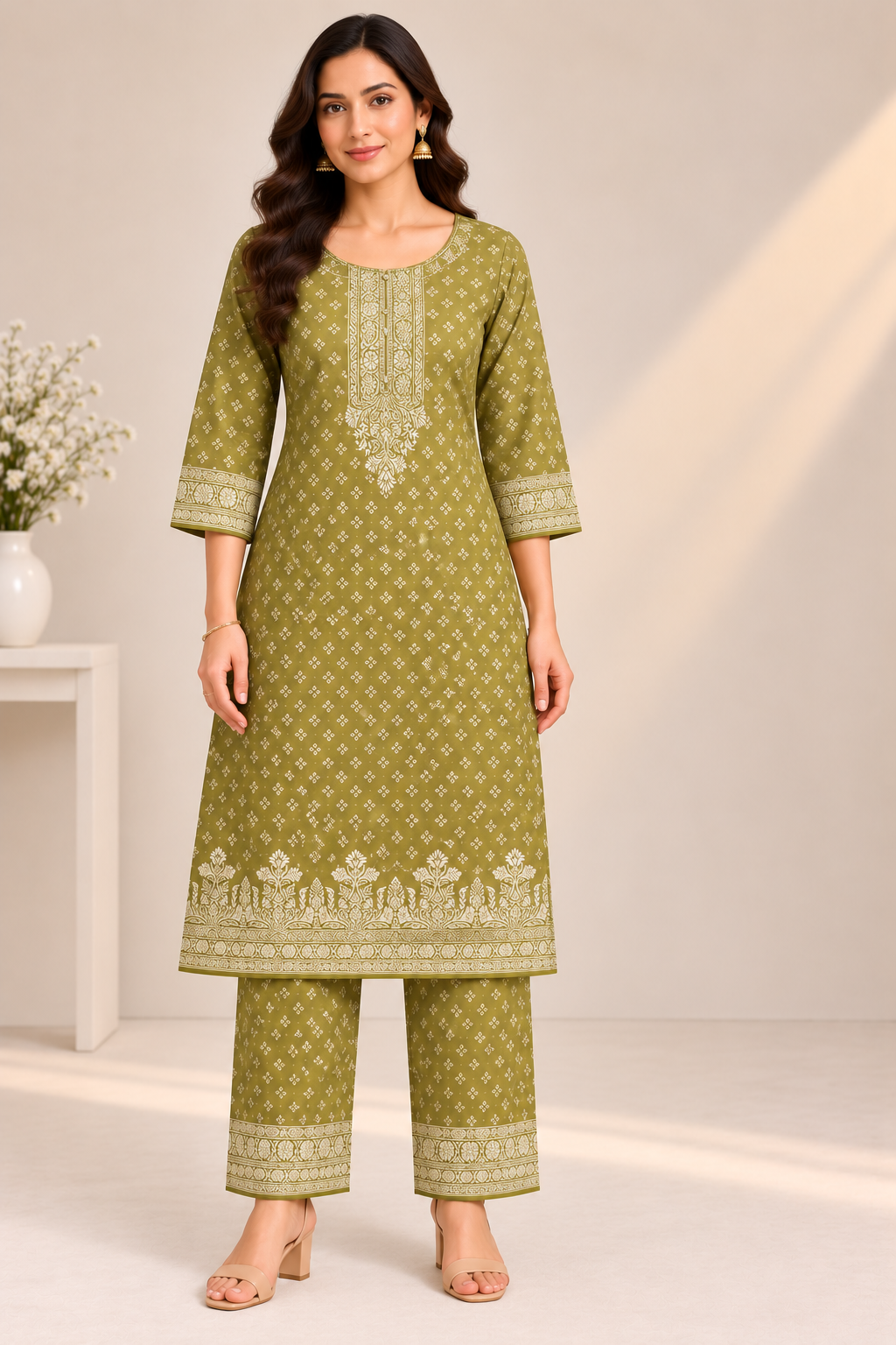 Olive Green Ivory Print Jacquard Winter SKD
